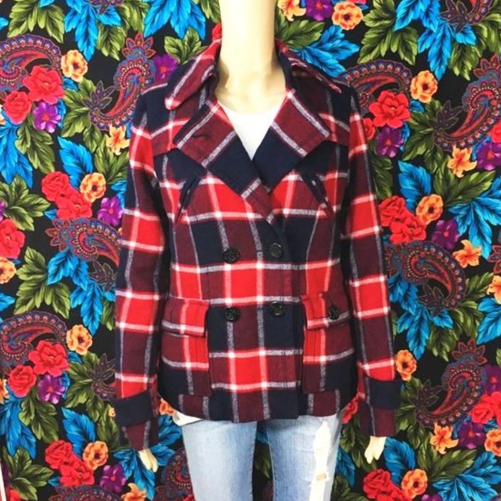 WOMEN’S AMERICAN EAGLE PEA COAT RES PLAID SOFT JACKET MEDIUM NAUTICAL BUTTONS